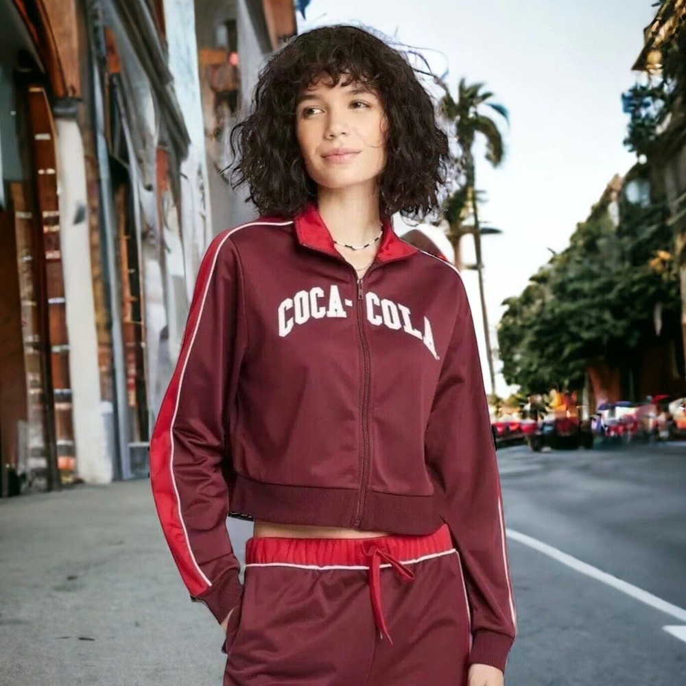Coca-Cola Womens Cropped Spellout Full Zip Track Jacket Size Small Brand New
